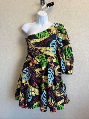 Forever 21 Black Tropical Print One-Shoulder Asymmetrical Dress